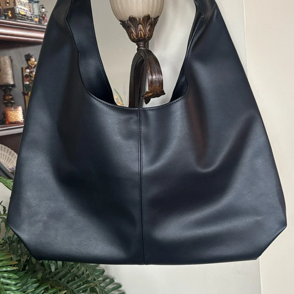 Brand New Victoria's Secret Black Faux Leather Hobo Slouchy Shoulder Bag Bow